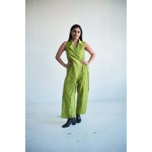 NWT Rujuta Sheth Sunny Day Chex Green Wrap Jumper Jumpsuit Romper Cotton Silk SM